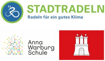 Teaserbild zu Stadtradeln mit den Logos von Stadtradeln.de, der Anna-Warburg-Schule und der Hamburgflagge